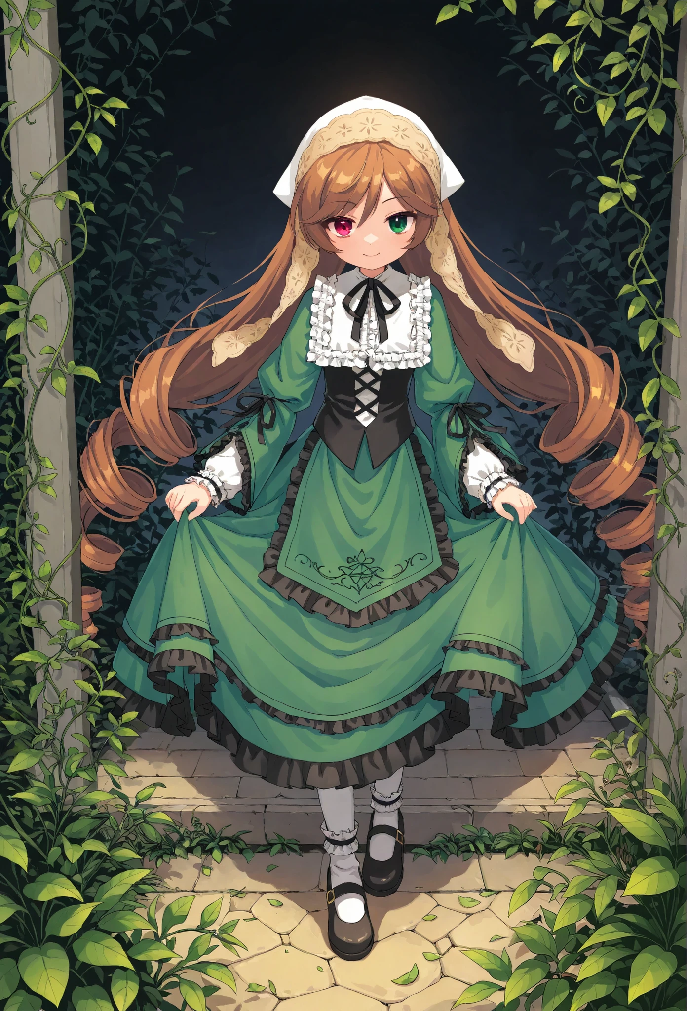 1girl\(suiseiseki\(rosen maiden\),doll,small, bonnet, head scarf, heterochromia, green dress, neck ribbon, twin drills,brown hair, red eye,green eye, long sleeves, green dress, very long hair, frills, black ribbon, white headwear, bangs, shoes,cute,full body,evil smile,dinamic pose\).beautiful plants, green leaves, garden, screen cap, anthro. BREAK .quality\(8k,wallpaper of extremely detailed CG unit, high resolution, top-quality, top-quality real texture skin, hyper realistic, increase the resolution, RAW photos, best quality, highly detailed, the wallpaper, golden ratio, high saturation realism, vibrant colors, dramatic lighting, persuasive storytelling, atmospheric scenery, captivating visuals, intricate details, strong emotions, dreamlike world\).dynamic angle