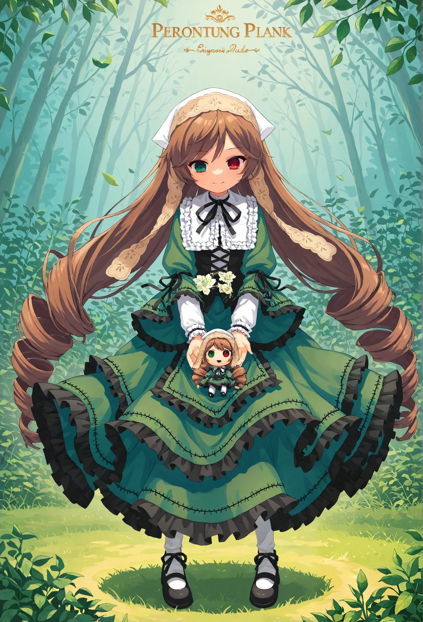 1girl\(suiseiseki\(rosen maiden\),doll,small, bonnet, head scarf, heterochromia, green dress, neck ribbon, twin drills,brown hair, red eye,green eye, long sleeves, green dress, very long hair, frills, black ribbon, white headwear, bangs, shoes,cute,full body,evil smile,dinamic pose\).beautiful plants, green leaves, garden, screen cap, anthro. BREAK .quality\(8k,wallpaper of extremely detailed CG unit, high resolution, top-quality, top-quality real texture skin, hyper realistic, increase the resolution, RAW photos, best quality, highly detailed, the wallpaper, golden ratio, high saturation realism, vibrant colors, dramatic lighting, persuasive storytelling, atmospheric scenery, captivating visuals, intricate details, strong emotions, dreamlike world\).dynamic angle