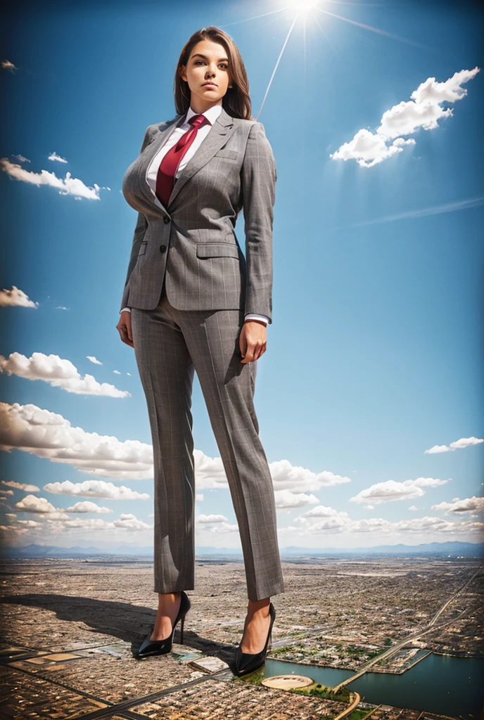 Giantess art, 100 miles tall giga giantess, sophisticated and stylish woman in a light grey italian pinstriped trouser suit, form fitting crisp white office shirt, and a large wide crimson necktie in a windsor knot, with a beautiful, curvaceous figure, large natural breasts, and long wavey redhead hair, with a curvaceous figure and massive breasts. wearing blue rounded court high heels with uncovered feet and standing, rampage-like pose, with a cityscape background of mega-city, urban sprawl, and small towns, partially obscured by a hazy, cloudy atmosphere. The image is a high-resolution, masterpiece-quality, cinematic, ultra-detailed, and hyper-photorealistic photograph, with perfect hands, face, and lighting. ultra-detailed, 8K, photo-realistic, hyper-realistic, masterpiece, intricate details, full body view. Looking at camera, The image is a high-resolution, masterpiece-quality, cinematic, ultra-detailed, and hyper-photorealistic photograph, with perfect hands, face, and lighting. ultra-detailed, 8K, photo-realistic, hyper-realistic, masterpiece, intricate details, full body view from below