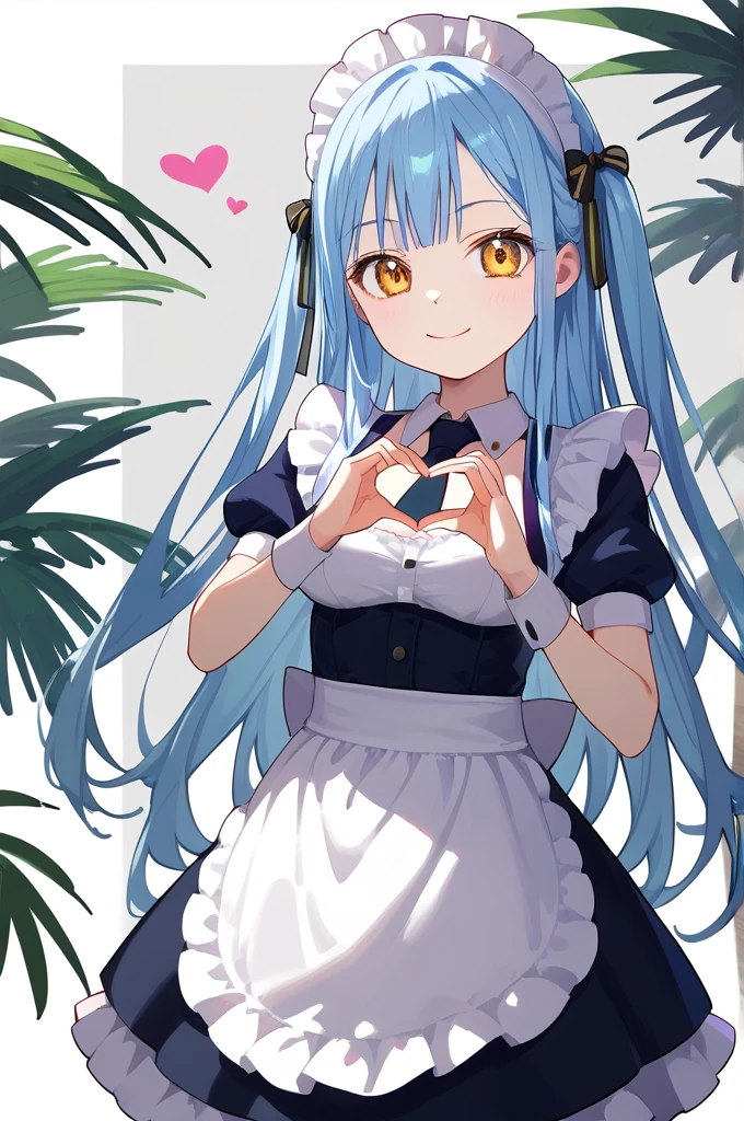  1 girl, Alone, Togawa Sakiko ,  long hair,  blue hair,  yellow eyes, Black Ribbon,  hair bow, two side up, bangs,  watching viewers against a tropical island in the background, smile,  standing with different breasts , ,  gray background ,  bow tie,  cowboy shot, Maid, frills, Heart Hands , medium breasts, Maid headdress,,  top quality , masterpiece,