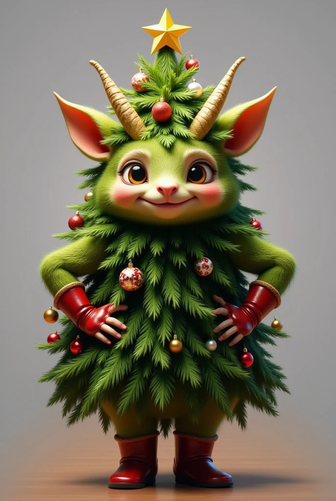 photorealistic portrait of fat chibi  green creature wearing Christmas tree costume,(Art by Peter Mohrbacher:1.2),(Christmas theme),(cute),(happy smile:1.2), (elegant),(hands on hips:1.5), high quality,(lovely) ,(highly detailed Christmas tree costume:1.5),Christmas motif accessories,(Christmas tree and ornaments in background:1.5) , ( boots),(Christmas atmosphere), (happy),perfect lighting,(full body image:1.5),(Christmas  room background:1.5), ,score_9, score_8_up, score_7_up, score_6_up, score_5_up, score_4_up,(looking at the camera:1.5)