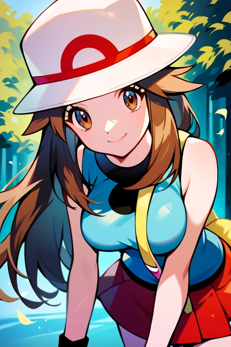 score_9, score_8_up, score_7_up, score_6_up, best quality, source_anime, cel shading, flat color, vector, detailed background, blue background, clouds, trees, forest, BREAK 1girl, solo, leaf_(\pokemon\), brown hair, long hair, brown eyes, white hat, blue sleeveless shirt, red skirt, yellow duffle bag, wristbands, medium breasts, bent over, close up, cowboy shot, looking at viewer, from front, smile, closed mouth, breasts squeezed together,