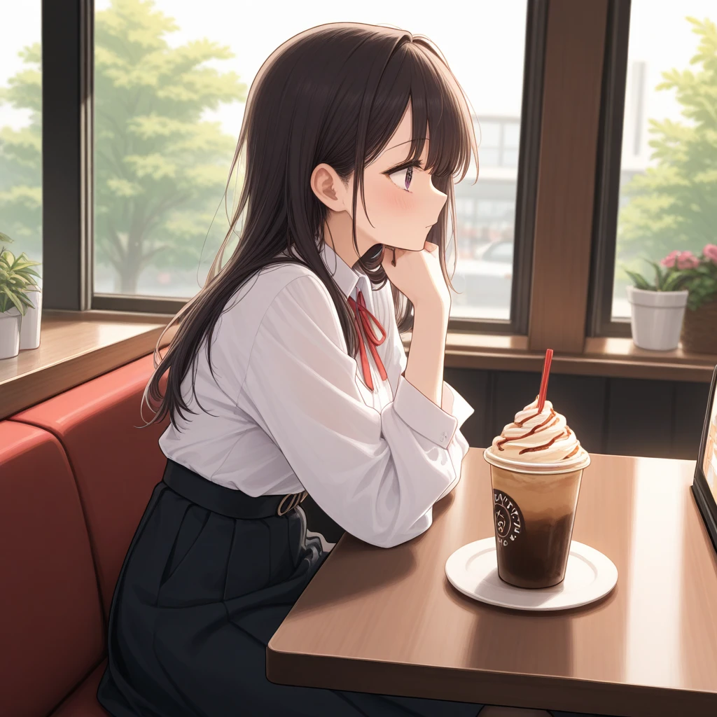 girl sitting in cafe, side view