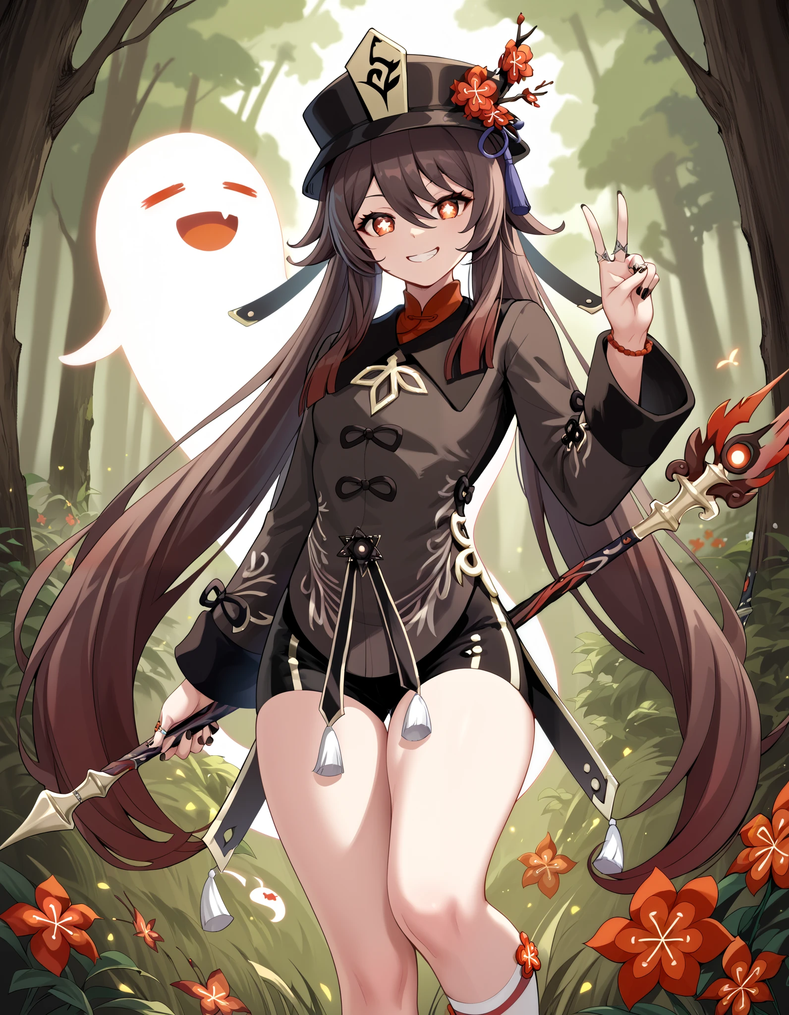 score_9, score_8_up, score_7_up,
hu tao,official_costume, boo,
weapon, holding, holding staff of homa,v,
sexy pose, seductive smile, 
forest background, flowers,
 c4mpbell,