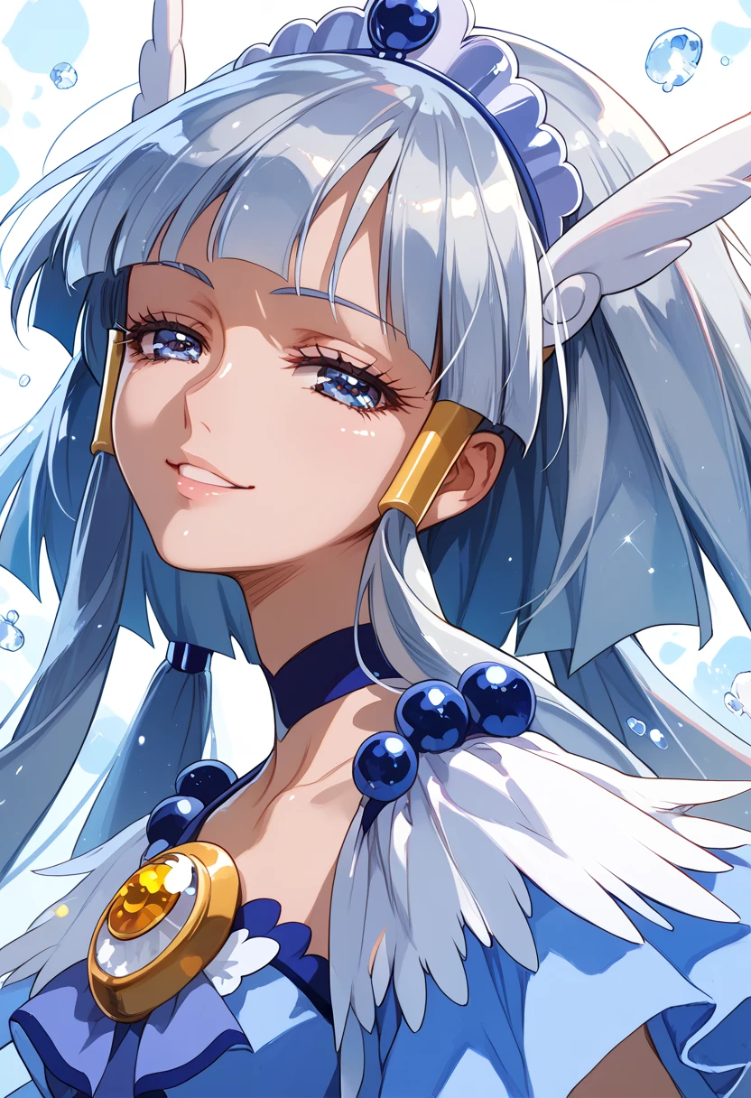 detailed background, shiny skin, posing, rating safe,  half-closed eyes, seductive smile,curebeauty,,Extremely beautiful anime style,( Silver Hair:1.3)