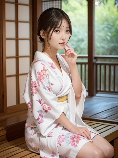 (masterpiece:1.3), High resolution, Super detailed, Highly detailed CG Unity 8K wallpaper, realistic, photo-realistic, RAW photo, beautiful detailed face, white skin, realistic glistening skin, fine cloth texture, detailed hair texture, perfect body, beautiful face, Accurate, anatomically correct, Highly detailed face and skin texture, natural neck length, (beautiful hands), (Fair skin:1.2), thin legs, thin legs, Beautifully aligned teeth throughout the body、Plump thighs、I can see my thighs、Kimono length is short、mooth calves、
fine eyes, symmetrical eyes, light brown eyes, double eyelid, (glossy lips:1.4), ((smile gently:1.2)), (blush:1.1)
Low - Angle、Projection from below、
(very cute girl:1.3), ((Wearing a cute high-class yukata with a floral pattern:1.3)),
big breasts、Plump breasts, (slender body shape:1.1)
((asymmetrical bangs:1.2)), shortcut
((elegant posture:1.3)),
((In a wide overnight ride in Kyoto:1.4)),looking at the viewer