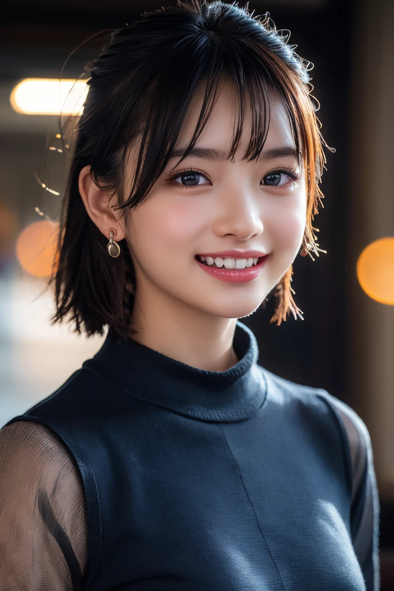 ((masterpiece)), ((Highest quality)), ((Complex)), ((Surreal)), (Realistic), (Mature Woman), ((There are no classes)), Very detailed, (1 female), Beautiful and exquisite, (Beautiful Teeth), Grin, Brunette Bob Hair, Brown eyes, ((Blue turtleneck)), (Upper Body), (background:none), Perfect Eyes, Captivating eyes, Looking at the audience