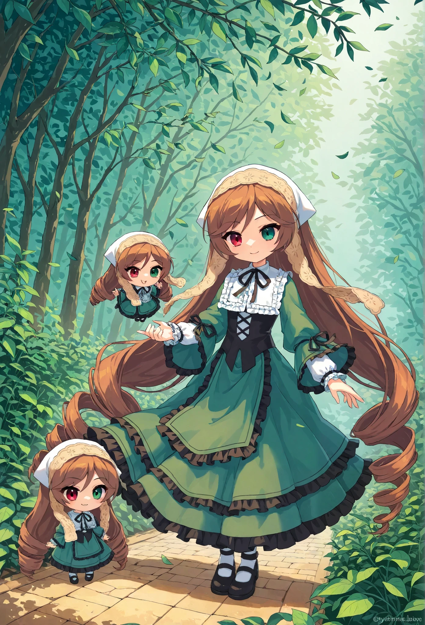 1girl\(suiseiseki\(rosen maiden\),doll,small,chibi, bonnet, head scarf, heterochromia, green dress, neck ribbon, twin drills,brown hair, red eye,green eye, long sleeves, green dress, very long hair, frills, black ribbon, white headwear, bangs, shoes,cute,full body,evil smile,dinamic pose\).beautiful plants, green leaves, garden, screen cap, anthro. BREAK .quality\(8k,wallpaper of extremely detailed CG unit, high resolution, top-quality, top-quality real texture skin, hyper realistic, increase the resolution, RAW photos, best quality, highly detailed, the wallpaper, golden ratio, high saturation realism, vibrant colors, dramatic lighting, persuasive storytelling, atmospheric scenery, captivating visuals, intricate details, strong emotions, dreamlike world\).dynamic angle