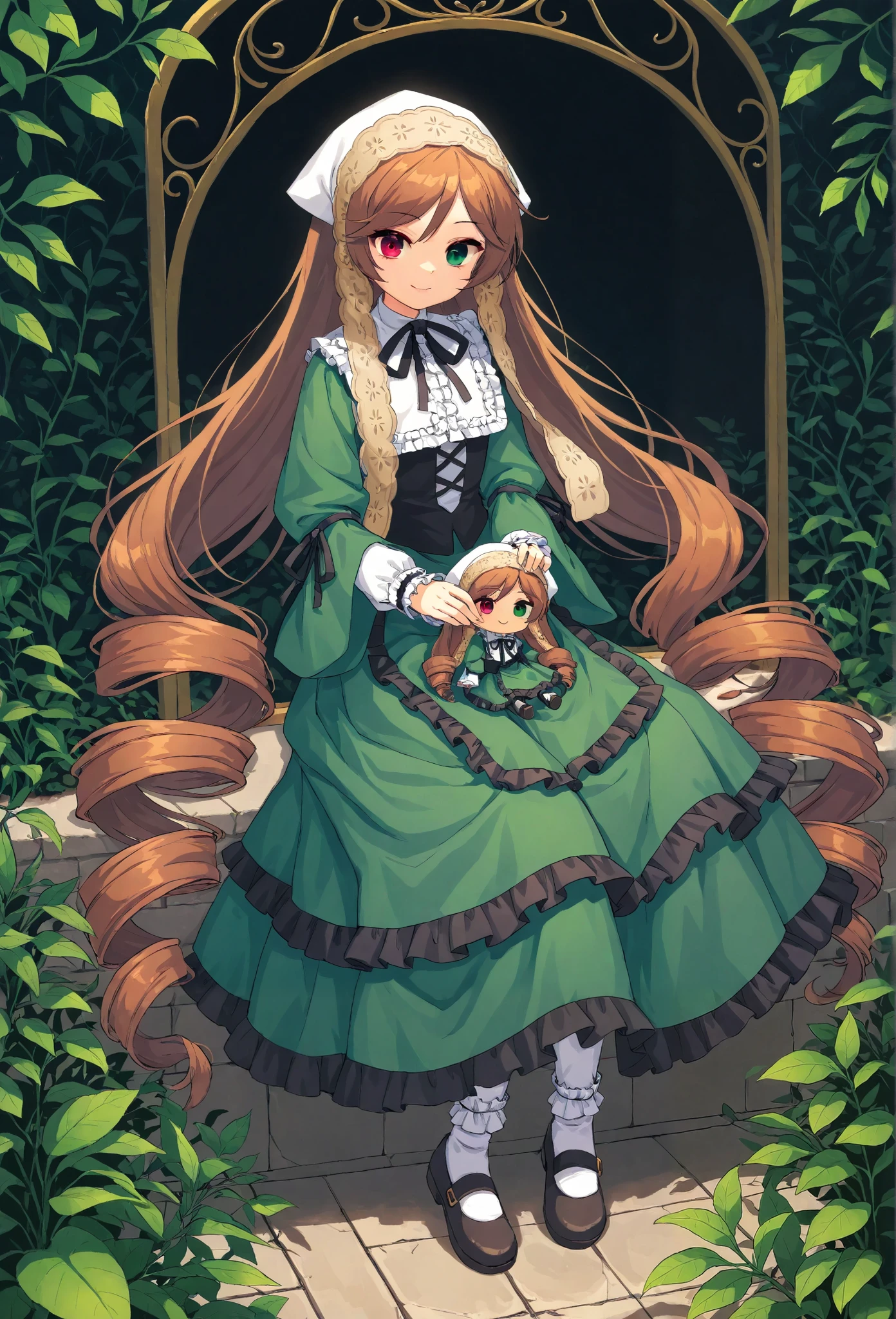 1girl\(suiseiseki\(rosen maiden\),doll,small,chibi, bonnet, head scarf, heterochromia, green dress, neck ribbon, twin drills,brown hair, red eye,green eye, long sleeves, green dress, very long hair, frills, black ribbon, white headwear, bangs, shoes,cute,full body,evil smile,dinamic pose\).beautiful plants, green leaves, garden, screen cap, anthro. BREAK .quality\(8k,wallpaper of extremely detailed CG unit, high resolution, top-quality, top-quality real texture skin, hyper realistic, increase the resolution, RAW photos, best quality, highly detailed, the wallpaper, golden ratio, high saturation realism, vibrant colors, dramatic lighting, persuasive storytelling, atmospheric scenery, captivating visuals, intricate details, strong emotions, dreamlike world\).dynamic angle