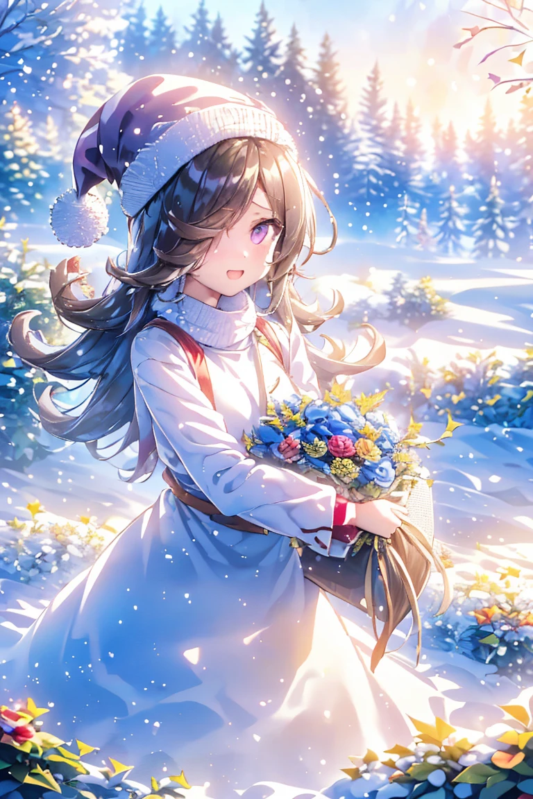 (((Santa costume 1 .5))),((Winter 1.5)),(( carrying a large white bag)),((Santa hat)), rice shower,(masterpiece), illustrations,( rice shower \(Horse Girl\)),Brown Hair, long hair,  purple eyes , swift bangs, long bangs, long hair,Small chest,The hair covers the right eye, firework, Night Sky, street,,holding firework, smile, watching viewers against a tropical island in the background,  upper body, carrying a large white bag,,((Peek into)),