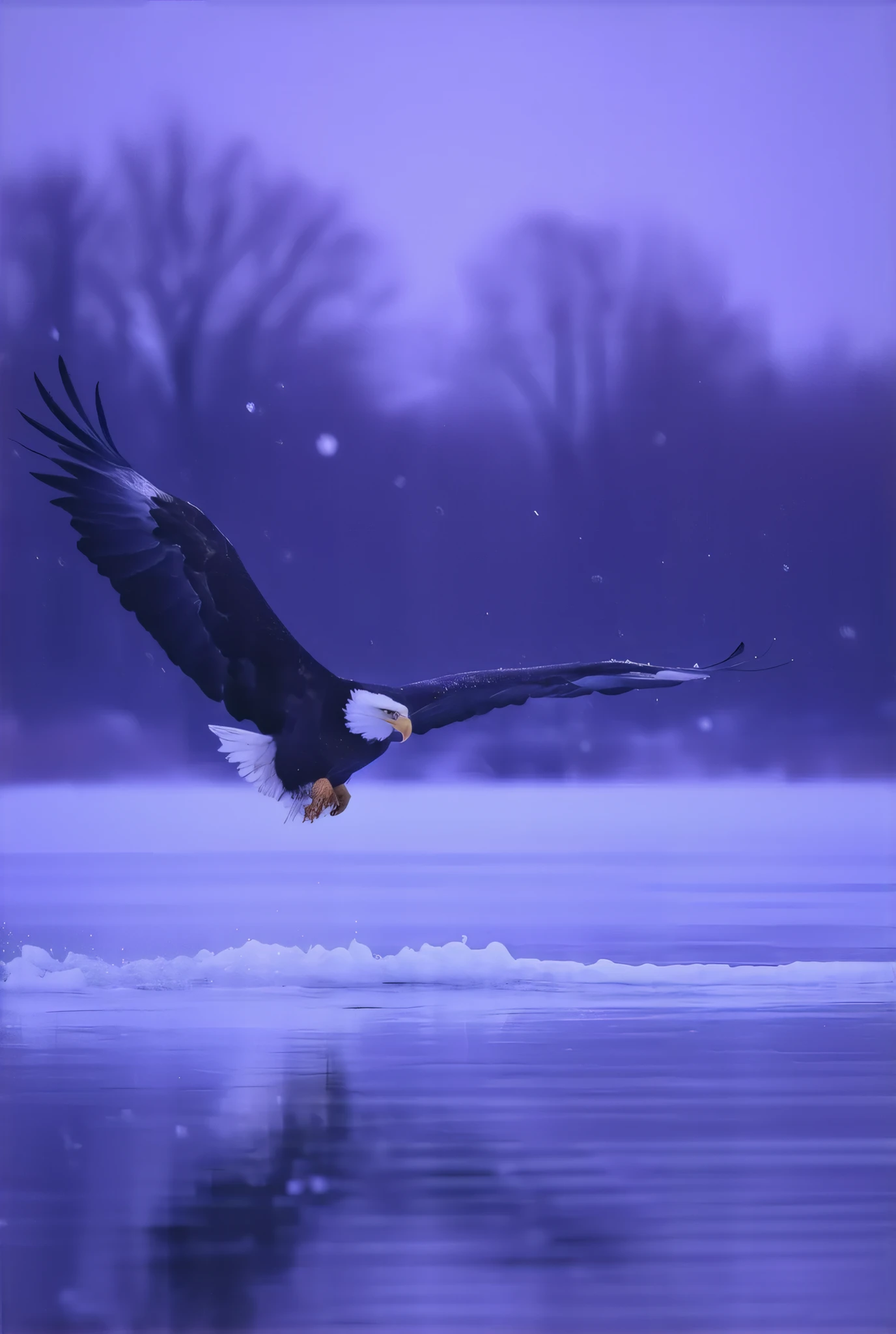 (8k, top quality, Masterpiece , Final Fantasy Style: 1.2),Atmospheric perspective, 8K, Very detailed, , (Composition seen from directly below the front,:1.3), A bald eagle swoops down toward its prey from above with its head down , its claws on both feet wide open., keen eyes, dynamic, ferocious, murderous, Moonlit night, clear air, night fog, sparkling ice particles in the air, , The sky turns eerily purple