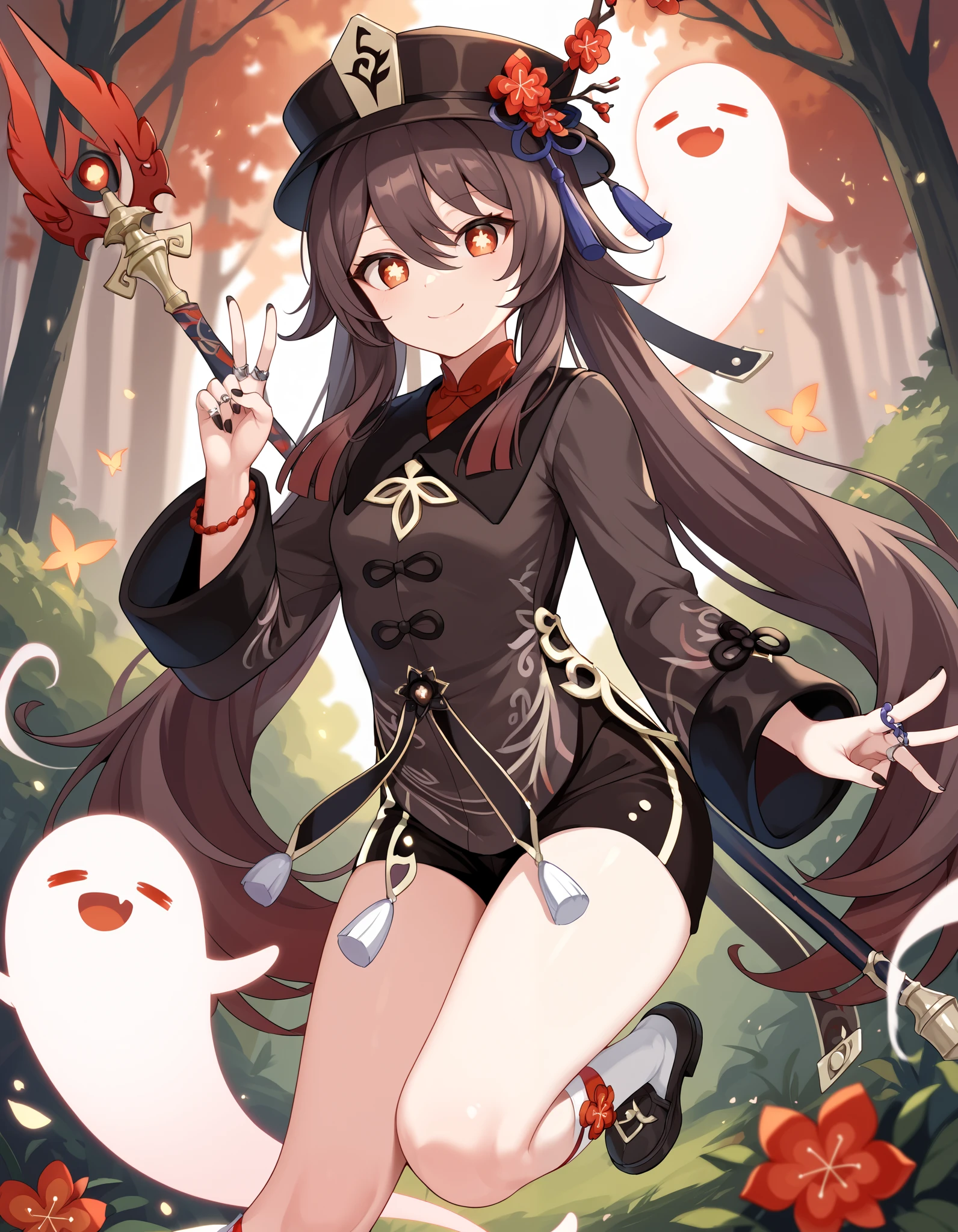 score_9, score_8_up, score_7_up, hu tao,official_costume, boo, weapon, holding, holding staff of homa,v, sexy pose, seductive smile, forest background, flowers