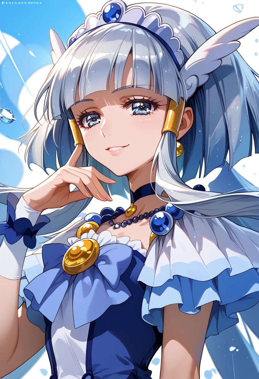 detailed background, shiny skin, posing, rating safe,  half-closed eyes, seductive smile,curebeauty,,Extremely beautiful anime style,( Silver Hair)