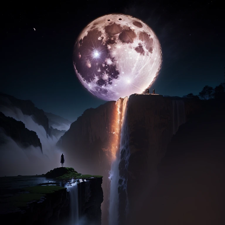 a large full moon rising over a waterfall with a person standing on the edge, the moon crashing into the earth, the moon crashes into the earth, very beautiful photo, surreal tears from the moon, an amazing photo, amazing photo, moon hitting earth, amazing wallpaper, giant moon, full big moon, beautiful image ever created, amazing photography, beautiful wallpaper