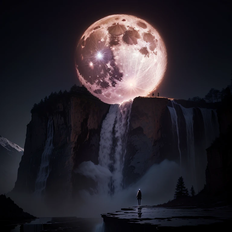 a large full moon rising over a waterfall with a person standing on the edge, the moon crashing into the earth, the moon crashes into the earth, very beautiful photo, surreal tears from the moon, an amazing photo, amazing photo, moon hitting earth, amazing wallpaper, giant moon, full big moon, beautiful image ever created, amazing photography, beautiful wallpaper