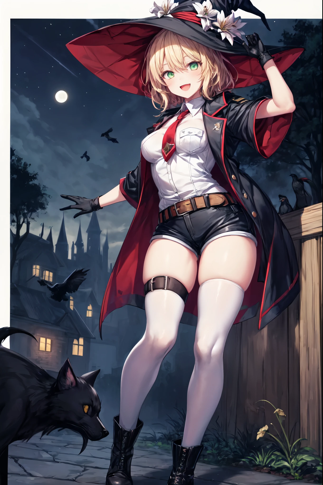 best quality, integrated scenery, integrated background, extremely delicate and beautiful, meticulous details, good composition, , cute face, perfect face, perfect hands,masterpiece, best quality, witch hat, black gloves, thighhighs, looking at viewer, smile, night, trees, black_cats, crows, moon  ,medium_breasts,dark_night_town_landscape cutout, looking at viewer, big_smile , old_town,happy,young_,full_of_beans,blond_hair,laugh,:D,open_mouth, glower,rise_knee,short_shorts,short_boots,happy, Hooray_posing,rise_arms,large_flower_ornaments,red_tie,front_closed_black_military_jacket,large_loose_belts,chest_pockets, Sagging_eyes,lily,dark_green_eyes, magic_effect