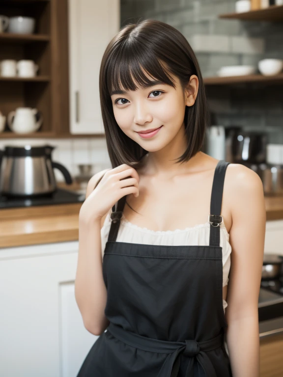 In 8K,highest quality:1.4, ultra high resolution:1.5, (realistic:1.4),masterpiece:1.2,(highest quality:1.4)、 RAW photo、 １japanese girl、 cute、medium breasts:1.5、 (alone:1.8)、kitchen、 (shy smile:1.3), smooth skin、30 years old:1.5、beautiful black eyes、natural skin texture:1.3, Realistic eye and face details:1.8、 (brown medium hair,bangs), (touch hair:1.4)、Nogizaka、cute colorful apron、cafe clerk、supple fingertips、beautiful black eyes、natural skin texture:1.3, Realistic eye and face details:1.7、look at the audience、full body shot:1.8、beautiful feet、gravure、attractive girl、thighs thighs、Are standing、coffee