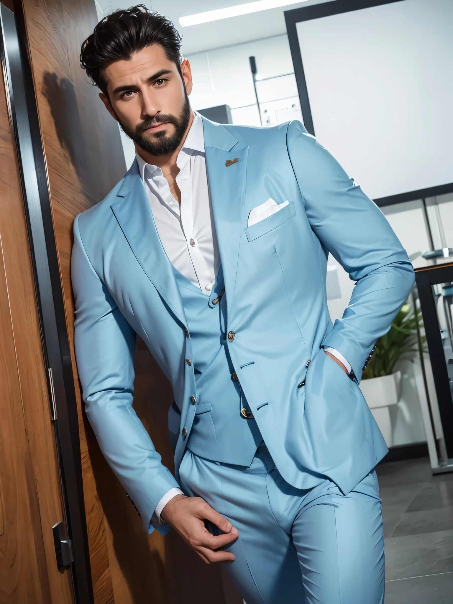 (photorealism:1.2), attractive male , Italian, 30 YEARS, entrepreneur,  with a beard and wavy black hair .  wears a light blue suit and white business shirt that is very tight to the body that enhances and highlights his toned physique