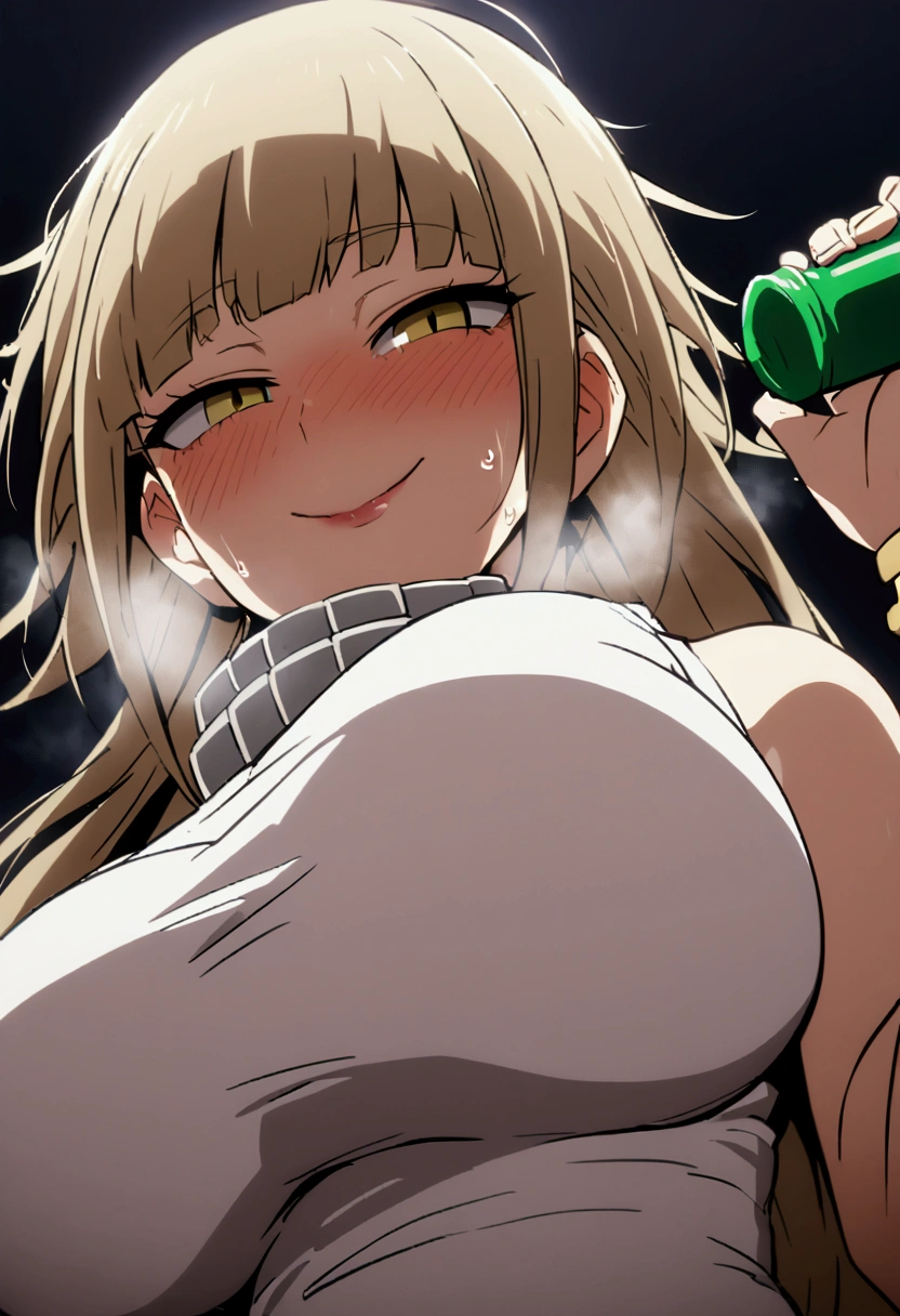 Himiko Toga from the anime boku no hero with big boobs and holding a feeder bottle and looking to the camera with a naughty face and heavy breathing and sweating from hot