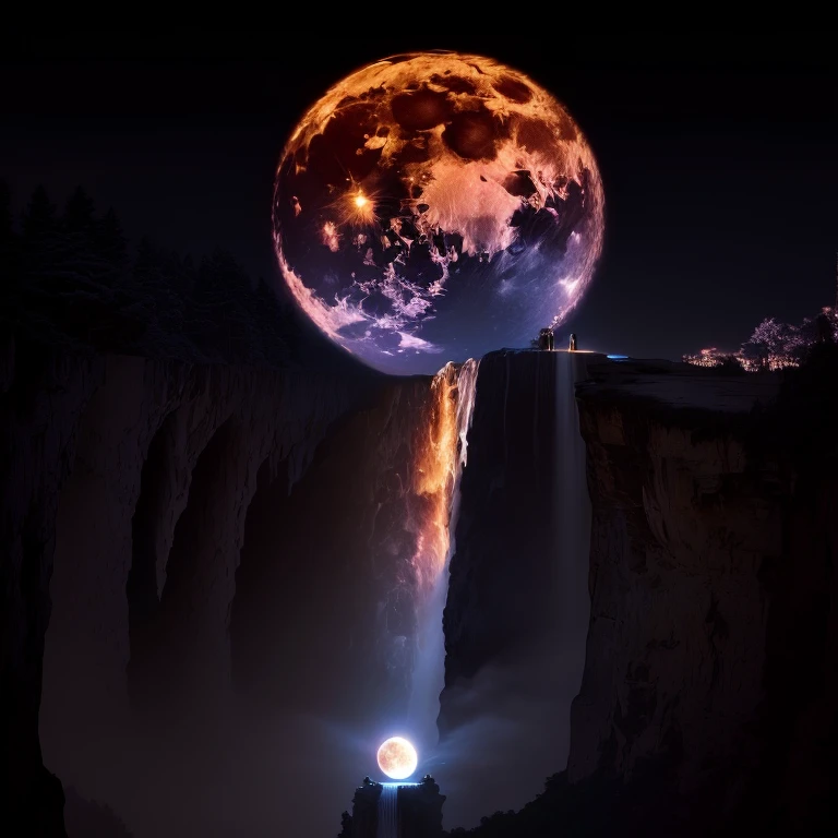 a large full moon rising over a waterfall with a person standing on the edge, the moon crashing into the earth, the moon crashes into the earth, very beautiful photo, surreal tears from the moon, an amazing photo, amazing photo, moon hitting earth, amazing wallpaper, giant moon, full big moon, beautiful image ever created, amazing photography, beautiful wallpaper