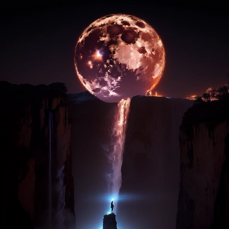 a large full moon rising over a waterfall with a person standing on the edge, the moon crashing into the earth, the moon crashes into the earth, very beautiful photo, surreal tears from the moon, an amazing photo, amazing photo, moon hitting earth, amazing wallpaper, giant moon, full big moon, beautiful image ever created, amazing photography, beautiful wallpaper