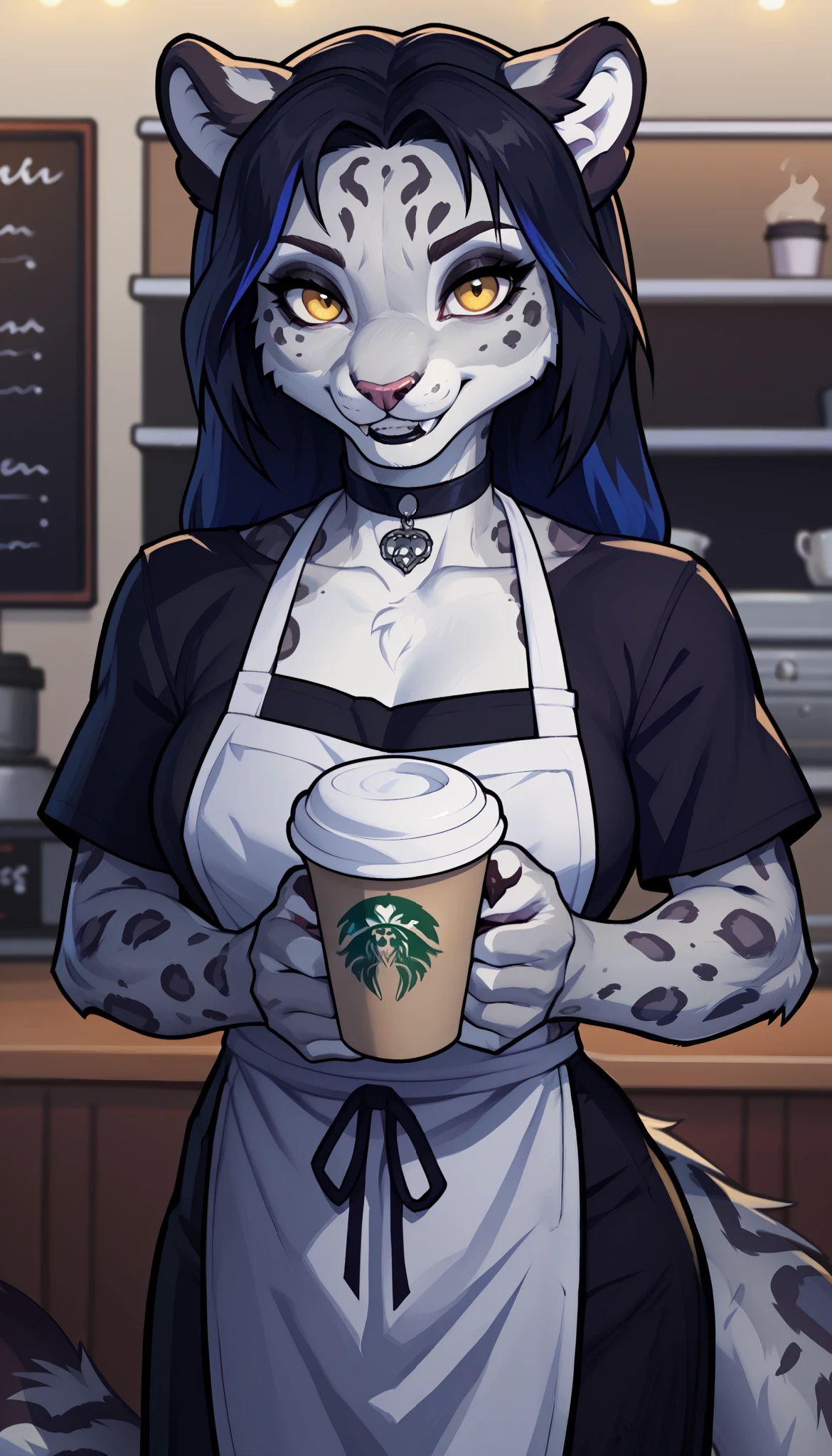 <lora:Mae Borowski:0.7> cat, with, brown, shirt, red, eyes, dark blue skin, blue body, cafe, breasts, cat girl