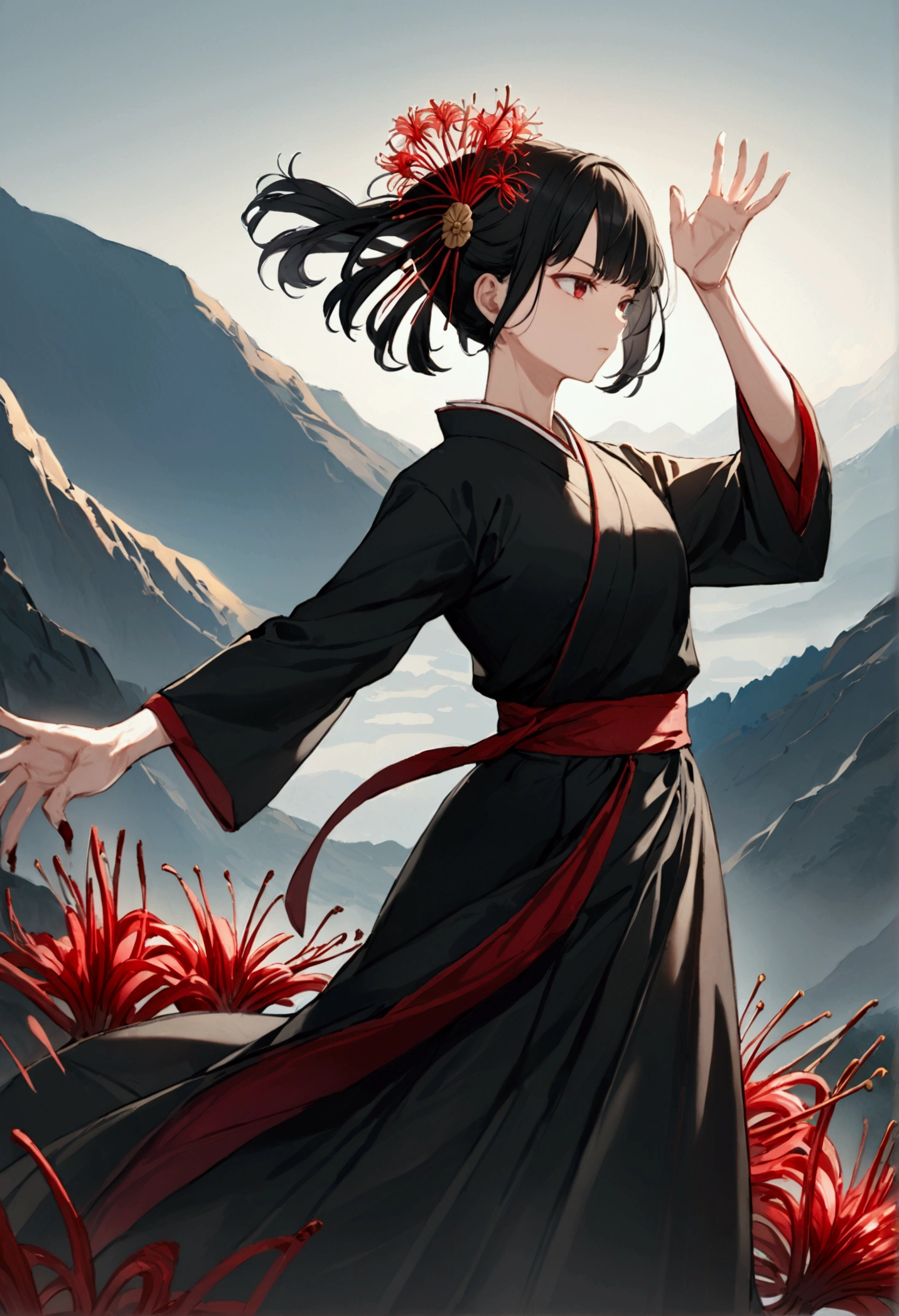 yor forger from spy x family, long black hair, lycoris radiata hair ornament, fair skin, perfect hands, dynamic pose, blood, dark kimono, mountain background