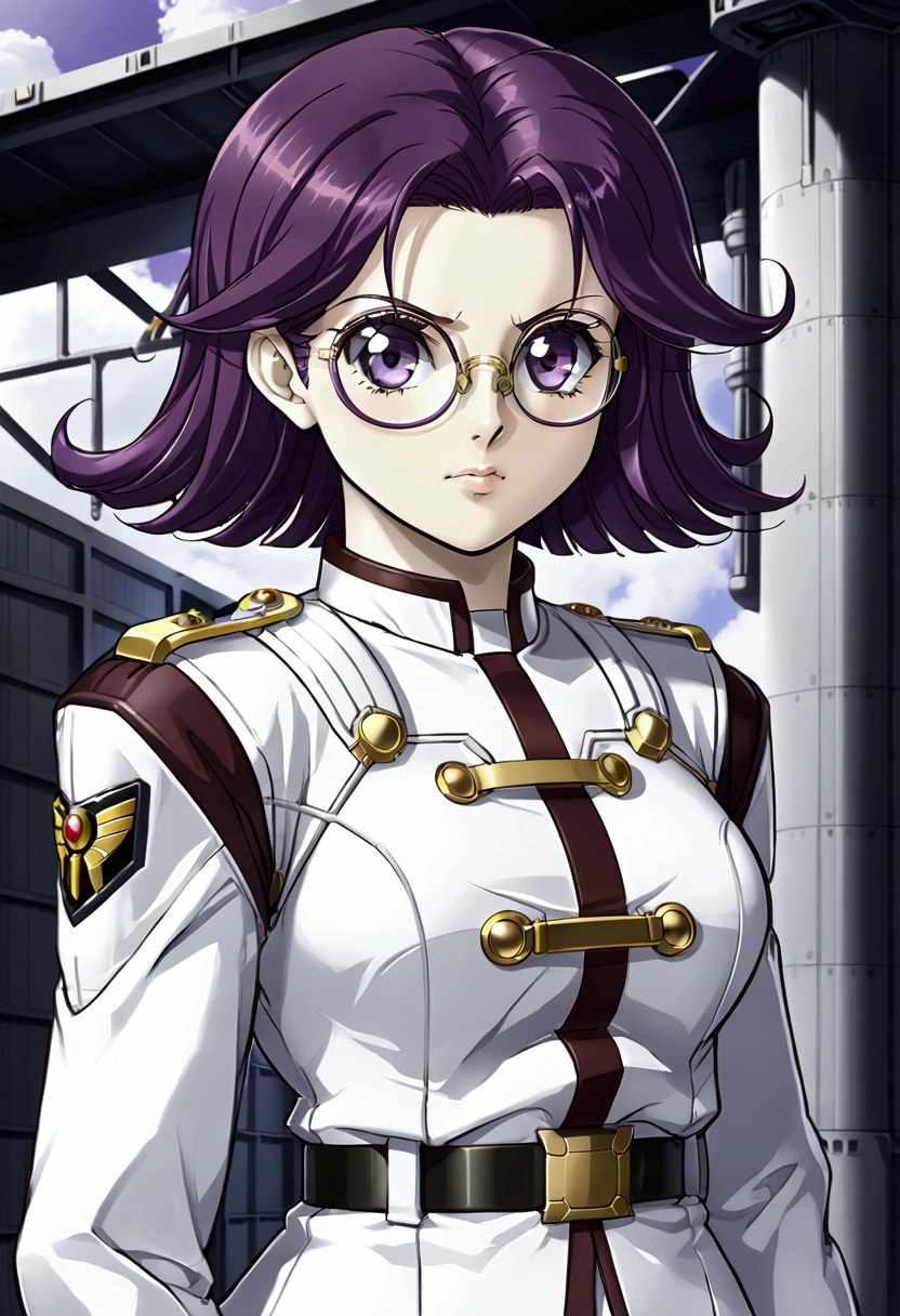 Latooni suvota from Super Robot Wars OG. Nerd, timid, big round thick glasses, serious, ((white space military uniform)). Purple hair, (hangar bay background) (pale skin) 