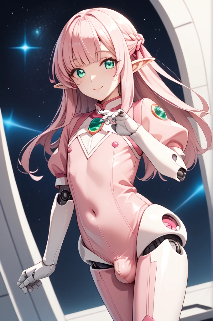 (((best quality))), (((masterpiece))), anime, space station(((a giant robot))), elf, 1 boy, otoko no ko, 23years old, light_pink_longhair, turquoise_eyes, crossdressing, girly, pink pilotsuit, navel, bulge, looking at viewer, non censored, light smile, matured, fullbody