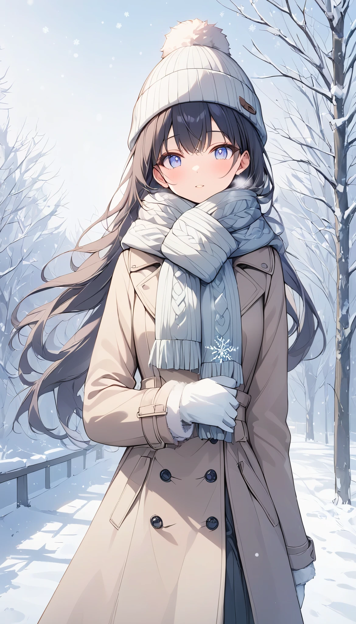 (((Best quality, 8k, Masterpiece: 1.3)), ((best quality)), ((masterpiece)), (detailed), perfect face, perfect body, (detailed skin:1.3), (intricate details), A woman wearing a warm wool coat, a cozy scarf, and knitted hat, walking on a snowy path during a cold winter day. She is also wearing gloves, and her breath is visible in the frosty air due to the cold temperature. Snowflakes are gently falling, and the ground is covered with a layer of fresh snow. The scene is serene and peaceful, with soft natural lighting and a wintry atmosphere. The woman's outfit is stylish yet practical, with earthy or neutral tones, complementing the snowy background