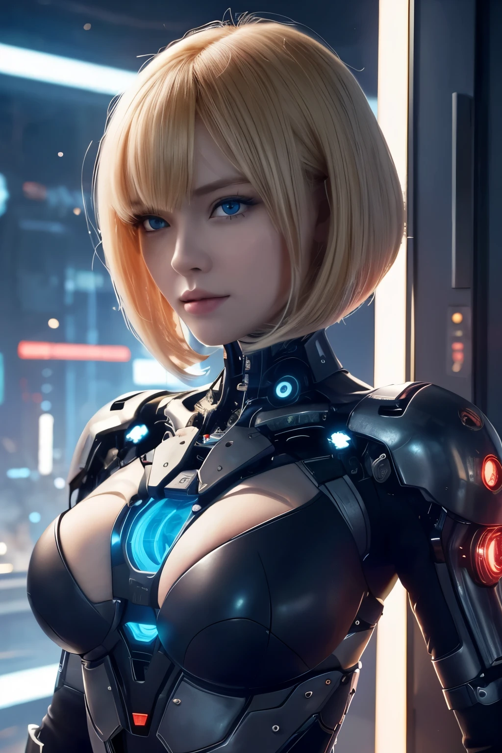 Perfect face, cute girl, big breasts, blonde short hair, cyborg costume semi naked, future theme,