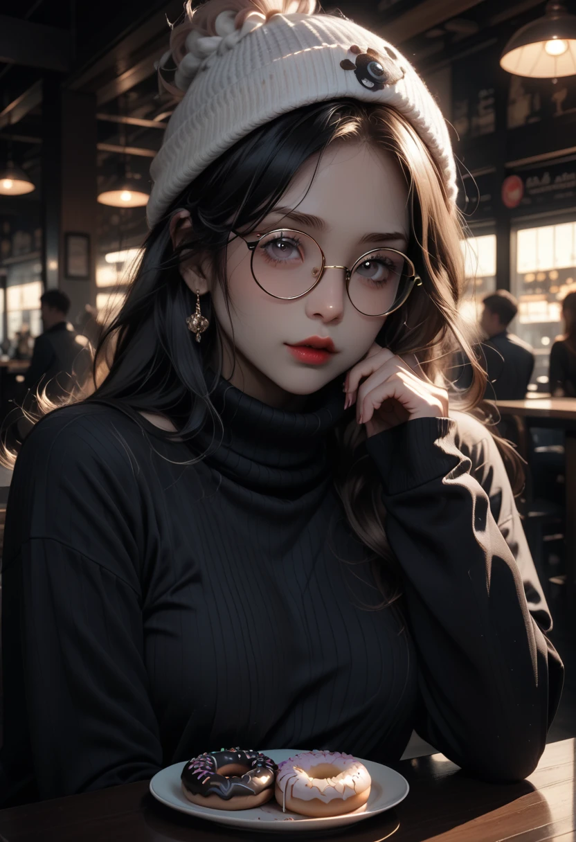 there is a sexy and alluring adorably cute woman that is holding a doughnut in a restaurant, wearing small round glasses, wearing a tight fitting sexy turtleneck sweater shy and blushing  petite lady, fluffy and cute white beanie ,scarf, thick round spectacles, with square glasses, ulzzang, wearing round glasses, lofi girl aesthetic, with glasses, with black eyeglasses, thick - rimmed glasses, junko enoshima, lofi girl