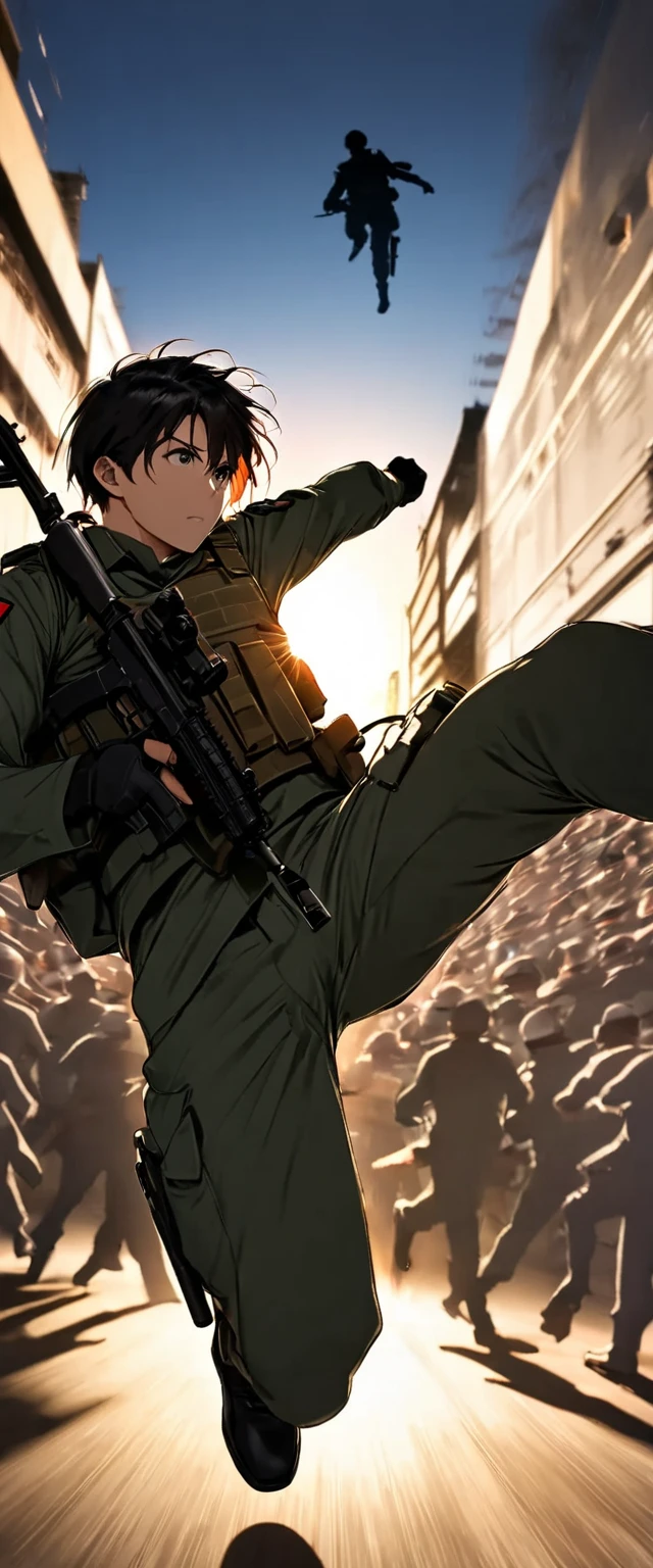 Handsome dark-haired young man in the Japan Ground Self-Defense Force "Asuka" ,  assault rifle from above while holding an assault rifle by your side(( motion blur :9.5 , backgroundぼかし ,  backlit silhouette  , background：Looking up at the sky )), Ground Kick  , Extreme Closeup  , Super low angle  , Focus on kicking legs