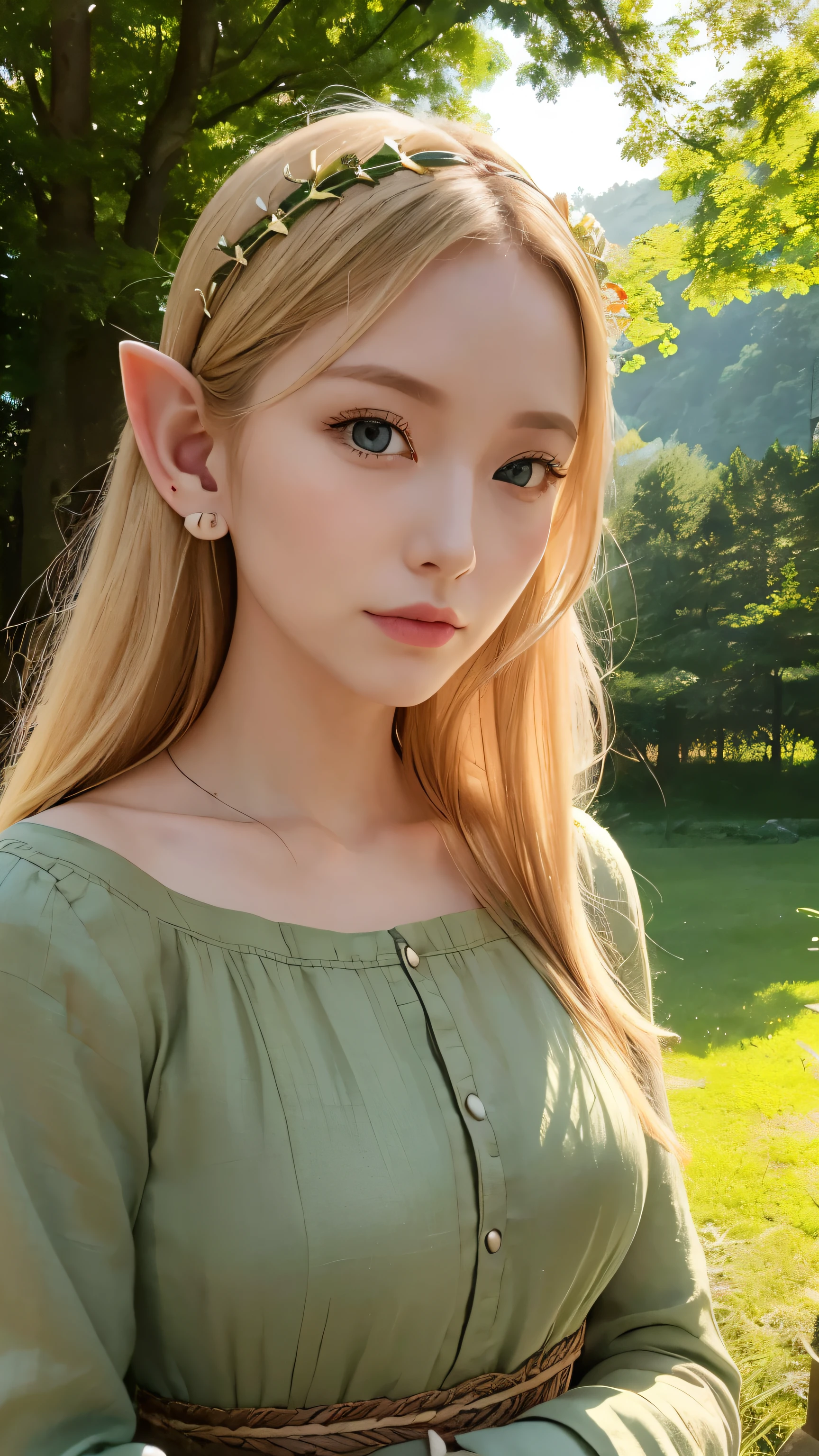 look at viewer, running on field, grass field, graceful, (very huge breasts), elf ears, elf woman, A muted green in the tunic, a woolen robe in brown and a light medieval blouse with crochet lace, green bright eyes, 1girl, white skin, diamond face shape, Hot topics on artstation, Fantasyart, portrait of an elf queen, Belle peinture de personnage, Stunning character art, Epic and beautiful character art, blond-haired princess, medieval princess, fairy queen, fantasy art style, cinematic lighting, masterpiece, accurate, anatomically correct, textured skin, super detail, high details, highres, 8k