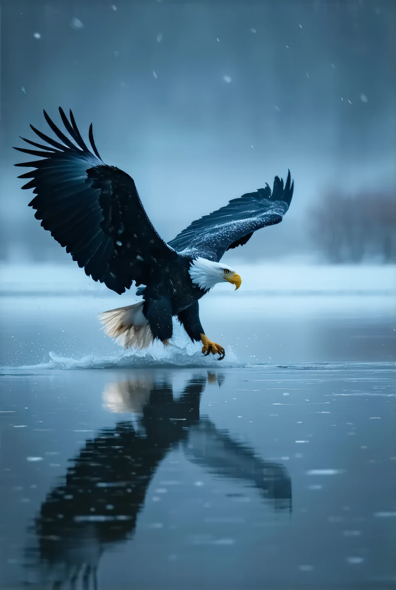 (8k, top quality, Masterpiece , Final Fantasy Style: 1.2),Atmospheric perspective, 8K, Very detailed, , (Composition seen from directly below the front,:1.3), A bald eagle swoops down toward its prey from above with its head down , its claws on both feet wide open., keen eyes, dynamic, ferocious, murderous, Moonlit night, clear air, night fog, sparkling ice particles in the air, , The sky turns eerily purple