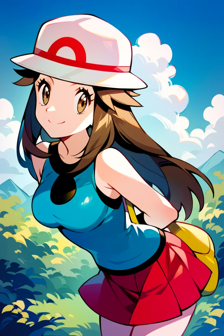 score_9, score_8_up, score_7_up, score_6_up, best quality, source_anime, cel shading, flat color, vector, detailed background, blue background, clouds, trees, forest, BREAK 1girl, solo, leaf_(\pokemon\), brown hair, long hair, brown eyes, white hat, blue sleeveless shirt, red skirt, yellow duffle bag, wristbands, medium breasts, bent over, close up, cowboy shot, looking at viewer, from front, smile, closed mouth, arms behind back,