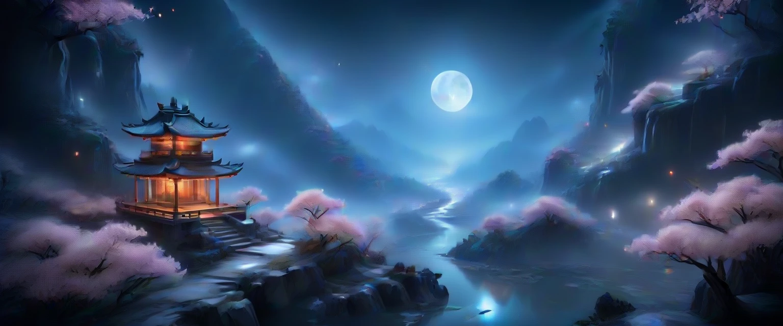 Ancient Chinese scenery, ((hot spring)), (heavy snow), (firefly), (paper kite), (midnight), (moon), shrine on the top of the mountain, ((flower)), beautiful scenery, realistic lighting, masterpiece, High quality, beautiful graphics, high details,