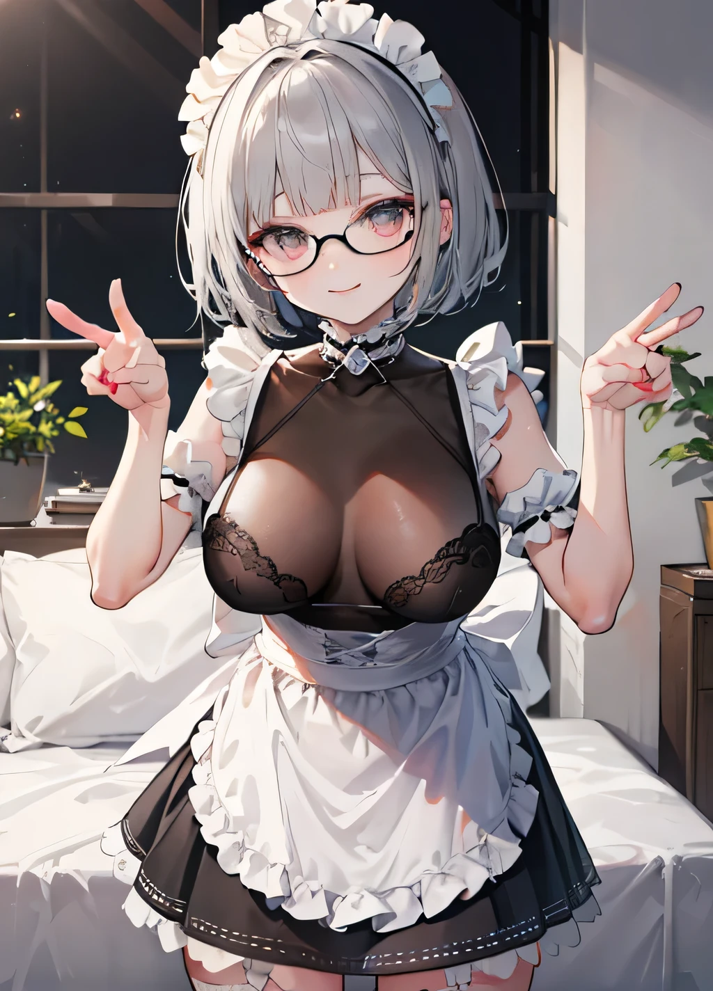 (          masterpiece        ), (                  top quality), (                          {{{{{{{{more}}}}}}}}),    Slender woman 、、(((Big Breasts、  Maid Wearing Glasses                  、25歳のwoman      、                     black maid clothes 、            sleeveless maid clothes                     、                         white apron dress                 、                              black stockings               、                                 miniskirt、                               Silver Hair、                             Bob with Bangs                           、Even bangs、   Full of bangs                           )))、(((       cute heart pose 1  :3、smile 、)))     、#woman、transparent                         bodystocking             
see-through,                        bodystocking            、       underwear blouse
loose t-shirt
Wear       、   angle from the front