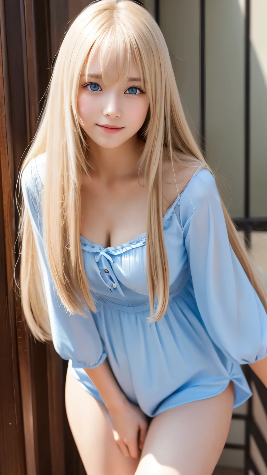 ((最high quality, 8K, masterpiece: 1.3, Ultra HD, high quality, 最high quality, High resolution, realism)) 、A 22-year-old extremely beautiful white woman、Her hair color is platinum blonde、blue eyeedium hair、straight hair、The hair is shiny、The skin is lustrous、smile、Slender but well-proportioned muscular body、Athlete-like body type、I don&#39;t want my head to disappear from the screen.、Wearing accessories on your wrist、Wearing red nail polish、I have a peticure、Sitting on the veranda of a Japanese house in the Japanese countryside、It&#39;s summer、A wind chime is hung in front of the eaves.、barefoot、There is a basket full of tomatoes and carrots on the veranda.、The basket is made of woven bamboo strips、A courtyard spreads out in front of the verandah.、There is a well with a hand pump in the courtyard.、wear a yukata、The blue sky is beautiful、Cumulus clouds appear、summer sunshine、anatomically correct((anatomically correct))、Ultra high definition((UHD))、textured skin((textured skin))、very detailed((super detail))、high detail((high details))、smile((smile))
