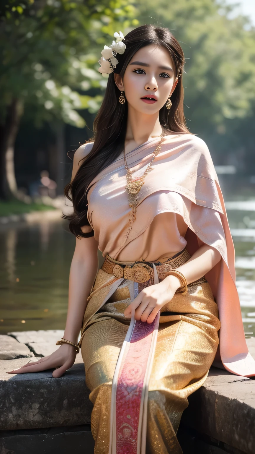 (raw photos:1.2), (realistic:1.4), (Masterpiece:1.3), (best quality:1.4), Ultra high resolution, (Detailed eyes), (Detailed facial features), (Detailed clothing features), HDR, 8K resolution, Focus only, Dressing according to Thai pink tradition, traditional shawl , 1 woman , Huge breasts, A gigantic rift, Big breasts push up clothes, big breast, fully grown breasts, Enhance your breasts to make them enormous., small waist, Long legs, Facing the audience, Full body, depth of field, Cinema-grade lighting, large breasts, Large breasts that cannot be covered completely,cheerful,frog pond.