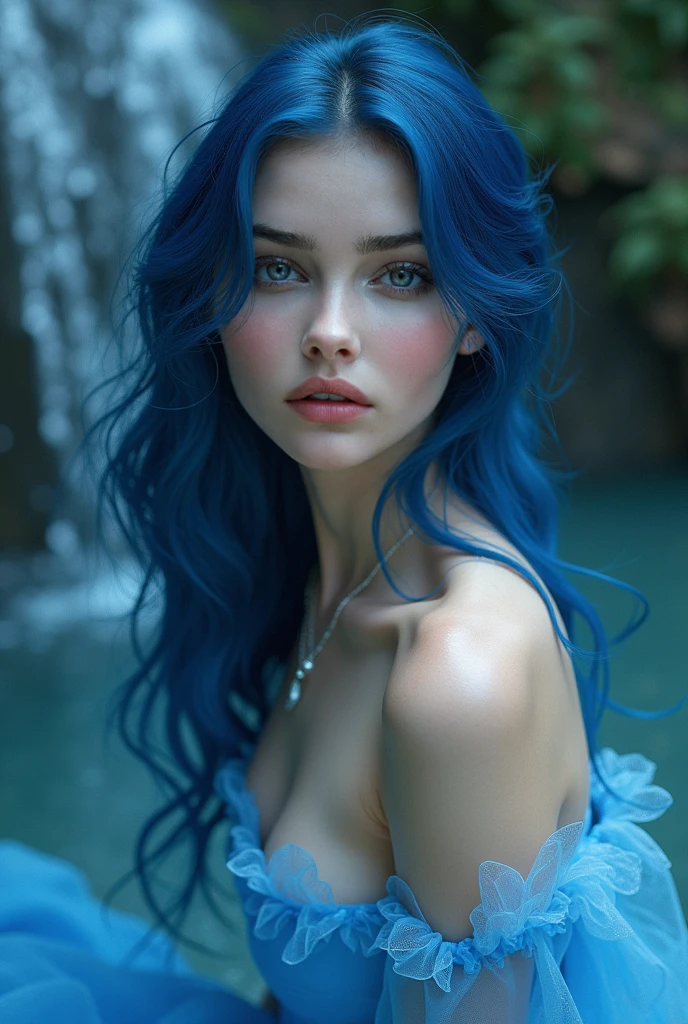 A mysterious woman with a generous figure and a perfect face with hair of&#39;un bleu profond tombant en cascade autour de son visage. pale skin. On his shoulders and his chest, des motifs complexes s'enroulent comme des constellations brillantes. Elle porte une robe flottante en soie noire. Des étoiles sont cousues le long de l'ourlet. Autour de son cou, a moon-shaped pendant with a blue stone inlaid in the center. paysage cosmique avec des corps célestes.