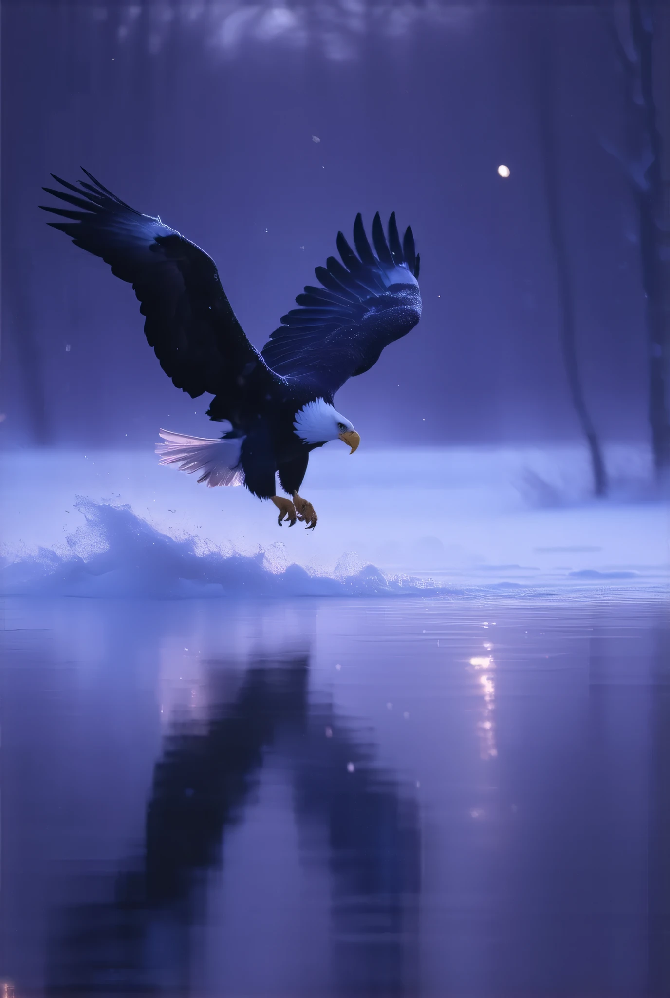 (8k, top quality, Masterpiece , Final Fantasy Style: 1.2),Atmospheric perspective, 8K, Very detailed, , (Composition seen from directly below the front,:1.3), A bald eagle swoops down toward its prey from above with its head down , its claws on both feet wide open., keen eyes, dynamic, ferocious, murderous, Moonlit night, clear air, night fog, sparkling ice particles in the air, , The sky turns eerily purple