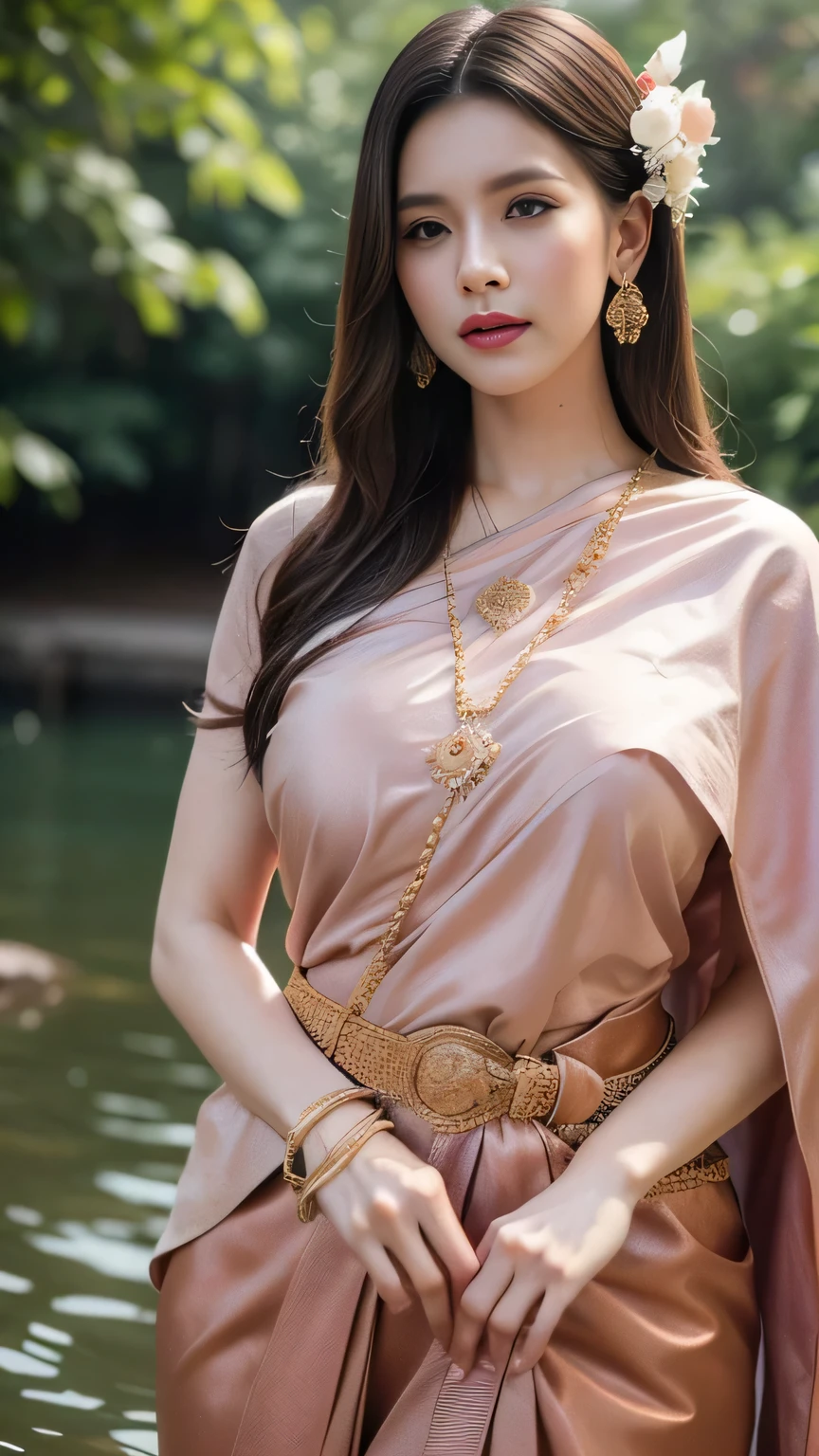 (raw photos:1.2), (realistic:1.4), (Masterpiece:1.3), (best quality:1.4), Ultra high resolution, (Detailed eyes), (Detailed facial features), (Detailed clothing features), HDR, 8K resolution, Focus only, Dressing according to Thai pink tradition, traditional shawl , 1 woman , Huge breasts, A gigantic rift, Big breasts push up clothes, big breast, fully grown breasts, Enhance your breasts to make them enormous., small waist, Long legs, Facing the audience, Full body, depth of field, Cinema-grade lighting, large breasts, Large breasts that cannot be covered completely,cheerful,frog pond.