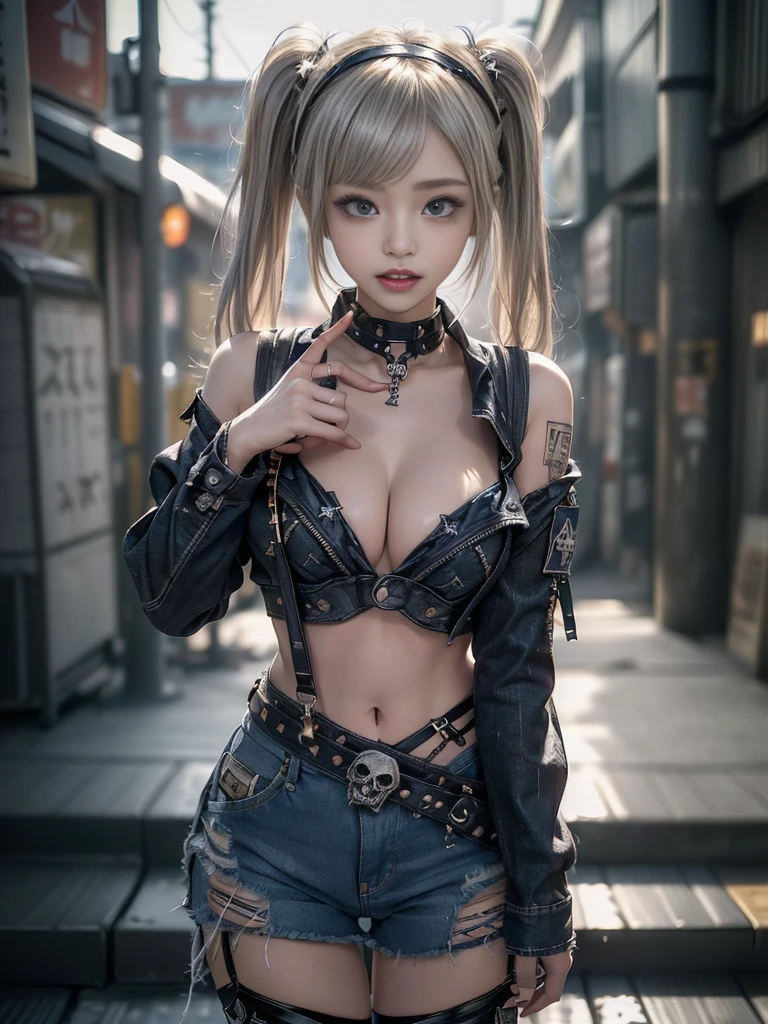 (Full Body View:1.3)、(Beautiful lips and nose:1.4)、(Long eyelashes:1.4)、(Side view:1.1)、(Smiling with teeth showing:1.3),(Shibuya Gal:1.5)、(Gothic ta delicately decorated dress:1.5)、(Tattered denim and black punk rock cargo pants:1.5)、(Denim and black navy skull mark small jacket:1.4)、(denim garter belt:1.5)、(Black and denim knee socks:1.3)、(Skull Silver Accessories:1.5)、(Denim collar:1.3)、(Brown Skin Belt:1.4)、(Brown boots:1.2)、(The underwear is striped:1.4)、31 years old、((Highest quality、In 8K、masterpiece:1.3))、Sharp focus:1.2、(Layered Cut、Huge boobs:1.1),Beautiful woman with perfect figure:1.4、(Dancing vigorously:1.3)、Slender Abs:1.2、Highly detailed face and skin texture、Detailed eyes、double eyelid,(Twin tails:1.3)、(Cream colored hair:1.3)、Gravure idol、(The background is a gorgeous temple in the sky:1.3)、(Slim body:1.2),(Make your legs thinner:1.4),(clavicle:1.1)