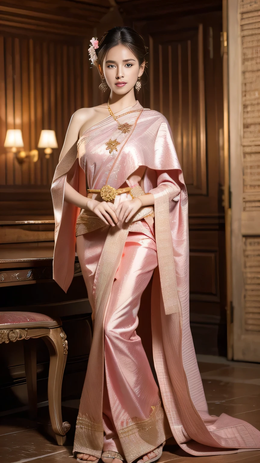 (raw photos:1.2), (realistic:1.4), (Masterpiece:1.3), (best quality:1.4), Ultra high resolution, (Detailed eyes), (Detailed facial features), (Detailed clothing features), HDR, 8K resolution, Focus only, Dressing according to Thai pink tradition, traditional shawl , 1 woman , Huge breasts, A gigantic rift, Big breasts push up clothes, big breast, fully grown breasts, Enhance your breasts to make them enormous., small waist, Long legs, Facing the audience, Full body, depth of field, Cinema-grade lighting, large breasts, Large breasts that cannot be covered completely,cheerful,frog pond.