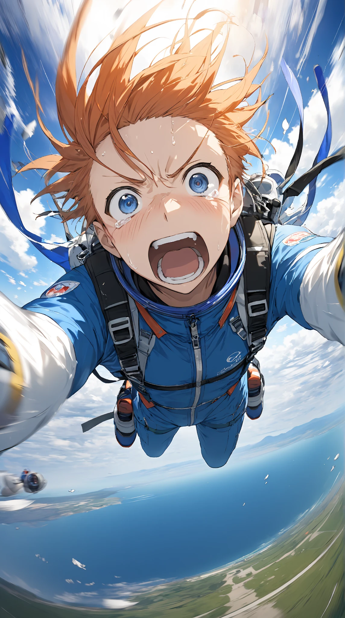 An anime of a skydiver descending in the sky. He is extremely scared, where he is teary and screaming for his life. Motion blur and wind effects can be seen. Fisheye lens to show the sky and the terrain with the skydiver in the air.