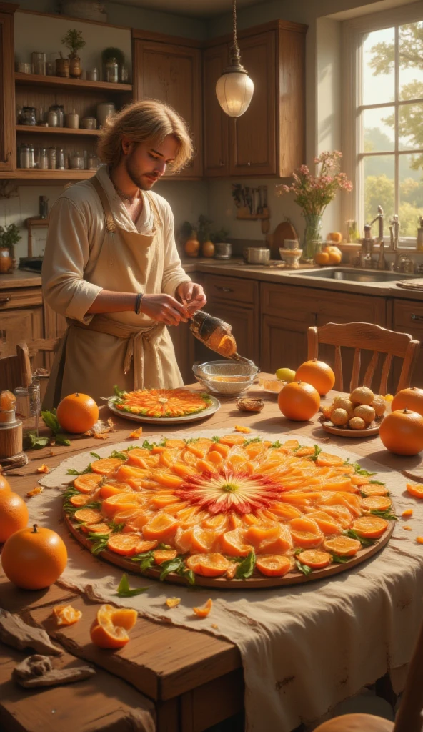 masterpiece, 8k, HDR, 3 D, best quality, photography, analog style, real life, extremely beautiful, (highly detailed, intricately detailed), An image of a warm, sunny kitchen, where a craftsman is creating a unique culinary work of art using orange slices. On the light wooden table, there is a large circular plate where, with precision and creativity, the orange slices have been arranged to form a beautiful mosaic. Each slice shines in the sunlight coming through the window, its orange hues varying from pale to vibrant, creating an image reminiscent of a floral mandala. As the craftsman works, he adds fine details, using the peels and green leaves to accentuate the work. The citrus scent fills the air, giving a refreshing and joyful feeling to the room. This mosaic is not only a visual delight, but also a tribute to the natural beauty of fruits and human creativity.