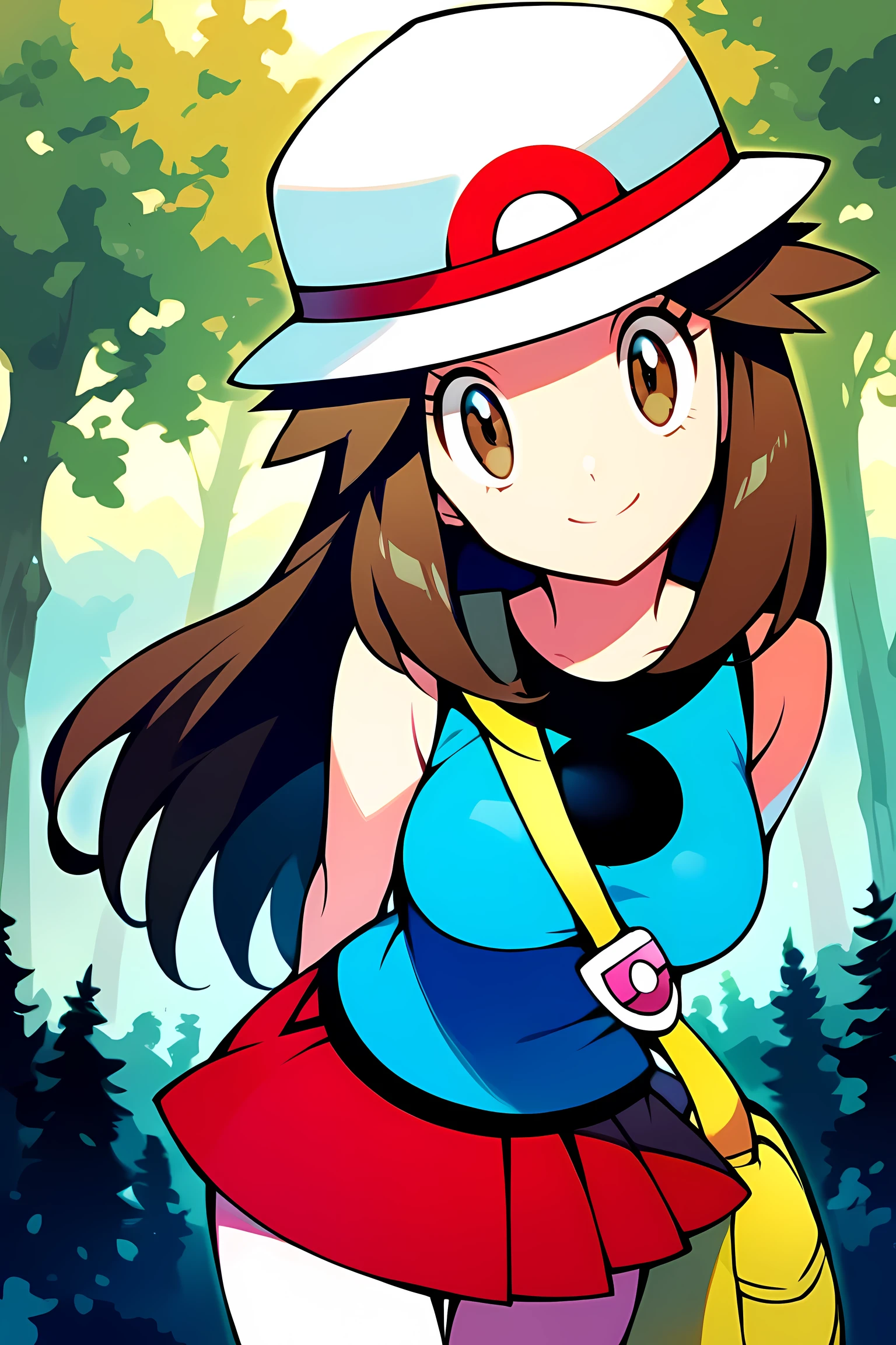 score_9, score_8_up, score_7_up, score_6_up, best quality, source_anime, cel shading, flat color, vector, detailed background, blue background, clouds, trees, forest, BREAK 1girl, solo, leaf_(\pokemon\), brown hair, long hair, brown eyes, white hat, blue sleeveless shirt, red skirt, yellow duffle bag, wristbands, medium breasts, bent over, close up, cowboy shot, looking at viewer, from front, smile, closed mouth, arms behind back,