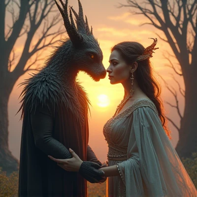 Es gibt einen Mann und eine Frau, die auf einem Baum sitzen, matte painting portrait shot, Fantasy-Fotoshooting, Portrait of couples, Photo Portrait, Fantasy Genre Portrait, Eine epische Fantasie, Environmental Portrait, fantasy portrait, Portrait of a couple, Fotoshooting, Fantasy-Charakterfoto, mit magischen Kreaturen, Drache im Hintergrund, Fantasy-Fotografie, Realistische Fantasy-Fotografie