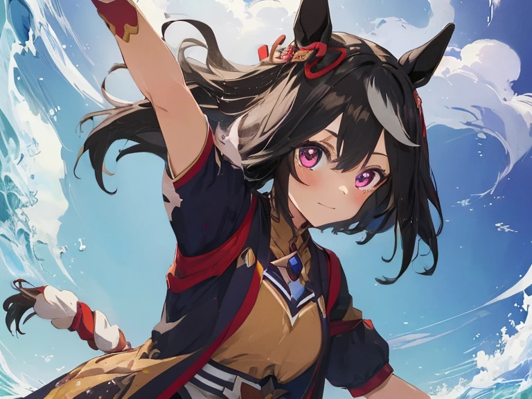 best quality, absurdres, masterpiece, 
K{solo}h, 1 girl, kitasan black
(umamusume),umamusume,animal tail,horse
tail,standing,goodbye wave hands,upper body, {{best quality, very aesthetic, 8K, beautiful, intricate, overall detail, high resolution,beautiful detailed eyes, perfect anatomy), perfect limbs),{perfect legs), {perfect hands), {perfect fingers},, best quality, amazing quality, very aesthetic, absurdres